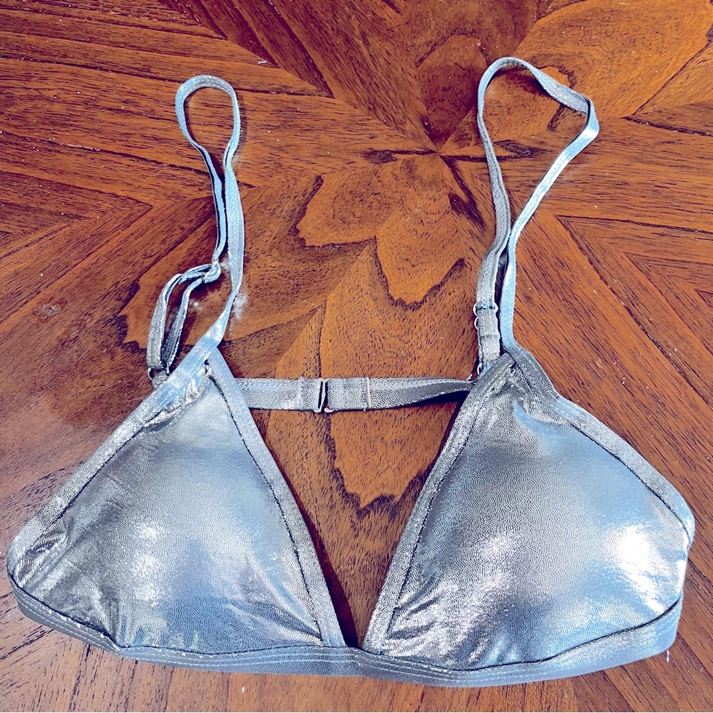 Sandy Beach Metallic Silver Triangle Bikini Swim Top Medium M